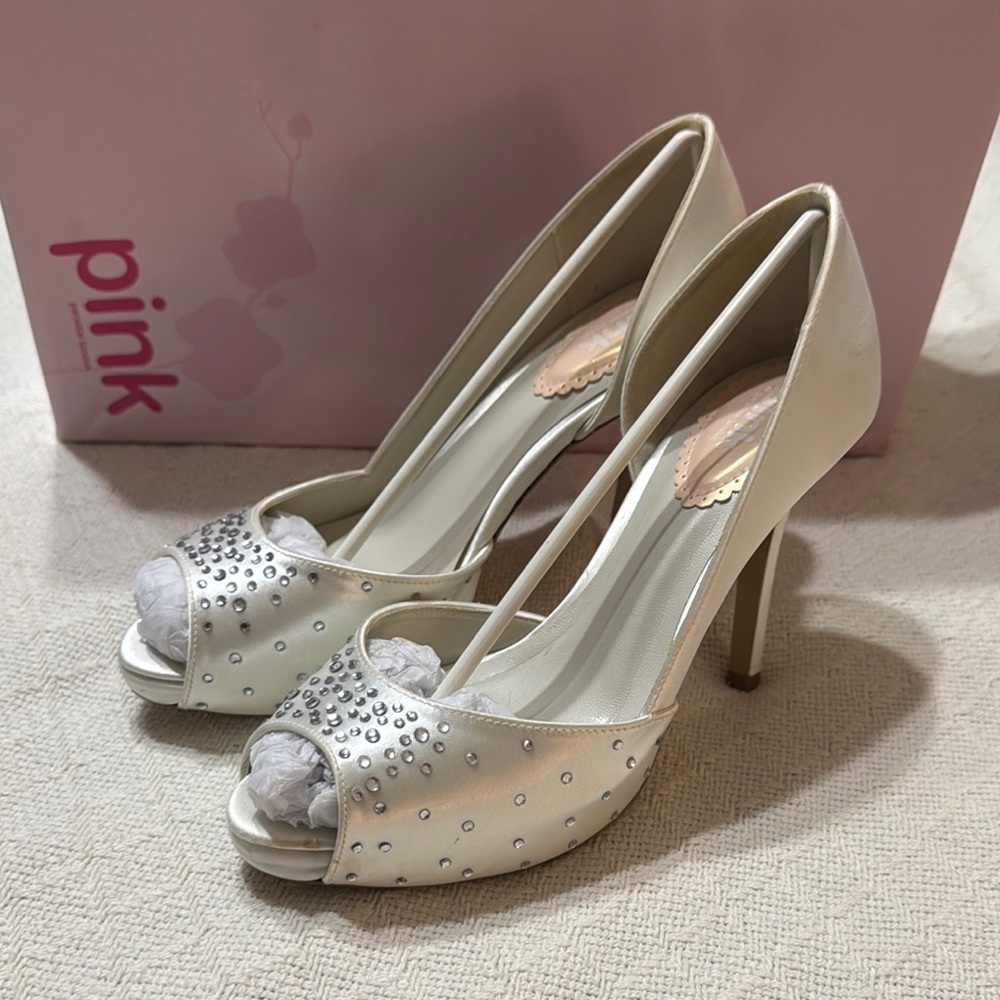 Pink Paradox London High Heels White Satin Peep-Toe, Sequins, Size 6.5